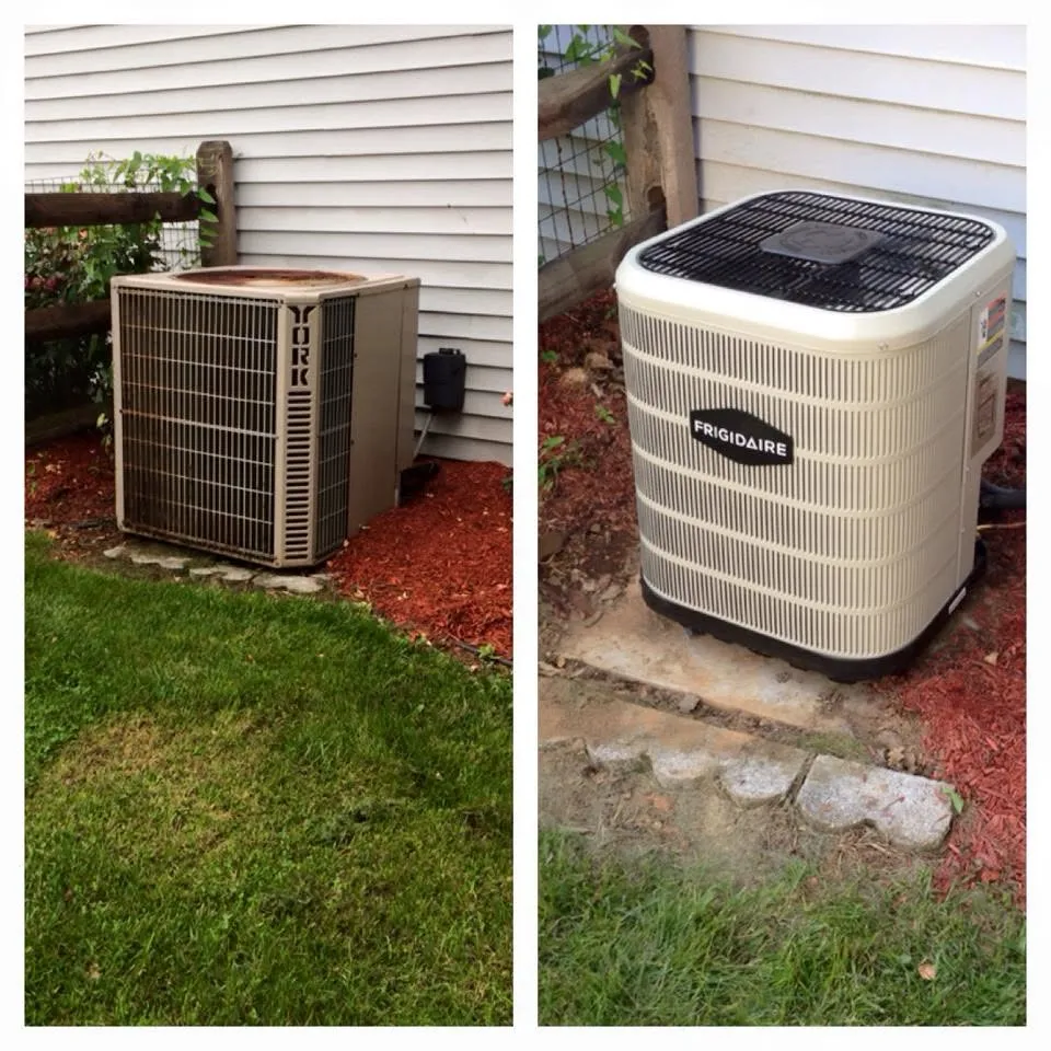 Before and after: an old outdoor AC unit and its new replacement